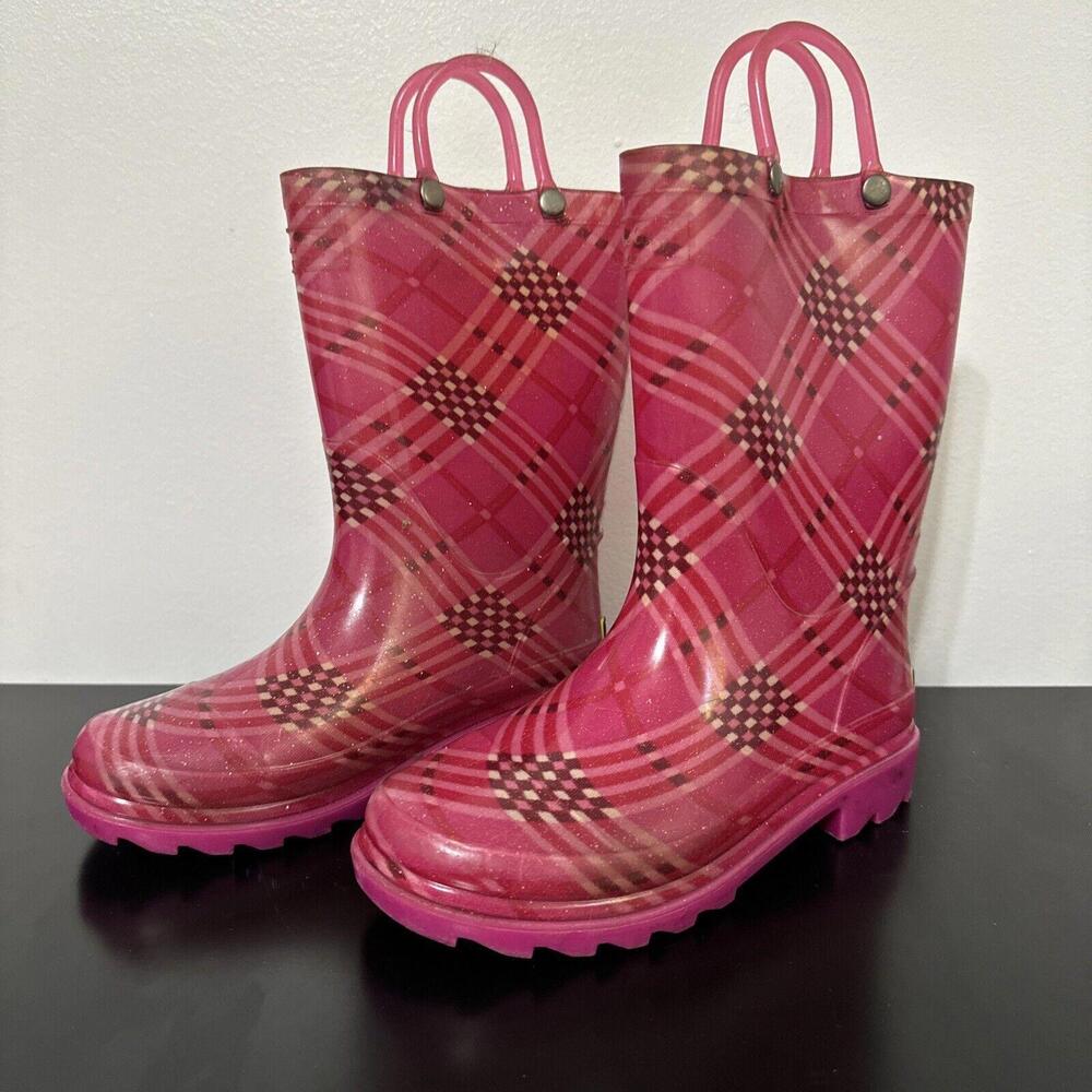 Western Chief Pink Glitter Plaid Girls -Size 11/12 Pull-On Rain Boots -